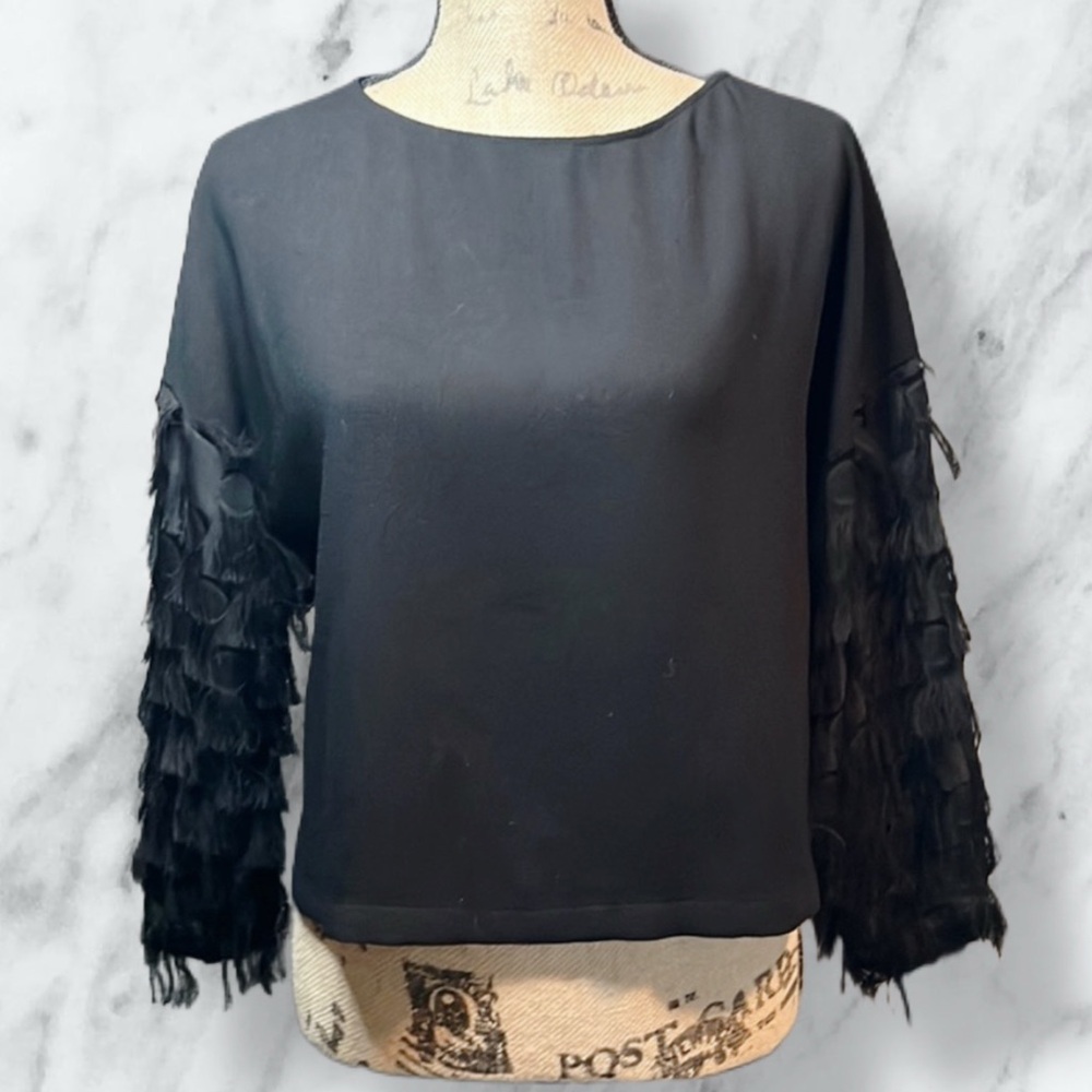 H&M Black Wide-Cut Fringe Sleeve Blouse